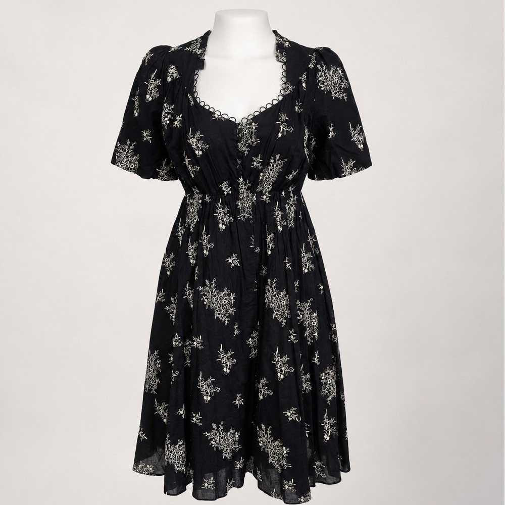 Lapis Black Floral‎ Embroidered Cotton Empire Waist Cottagecore Dress S